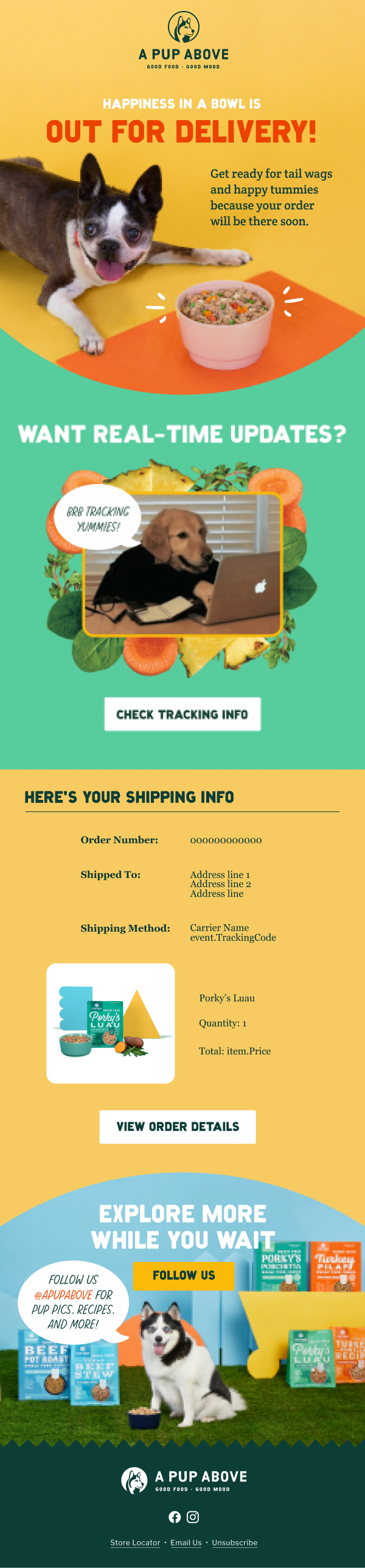 A Pup Above Out for Delivery Notification Industry Email Template screenshot