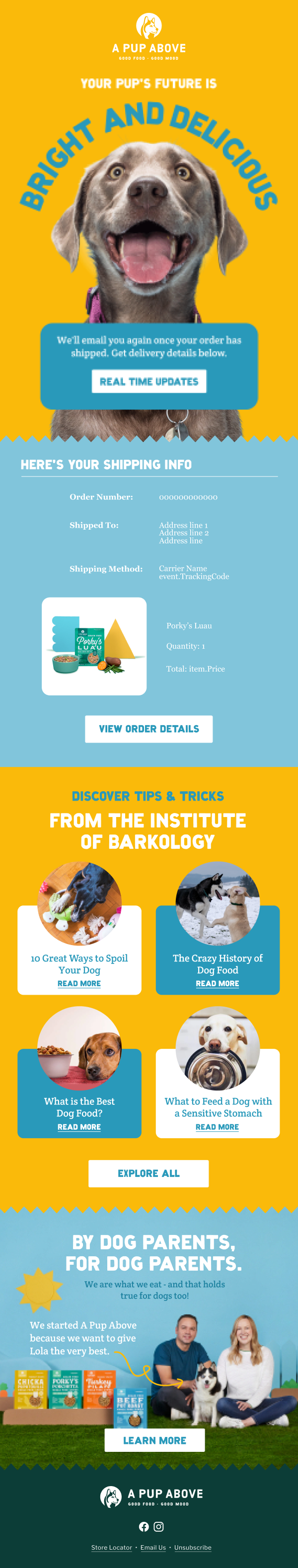 A Pup Above Shipment Created Pet Care Email Template 