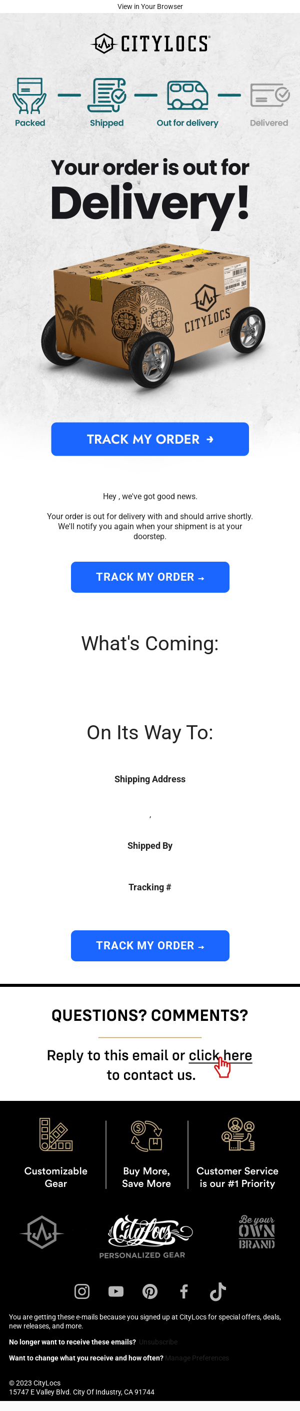 CityLocs Out for Delivery Notification Apparel and Accessories Email Template 