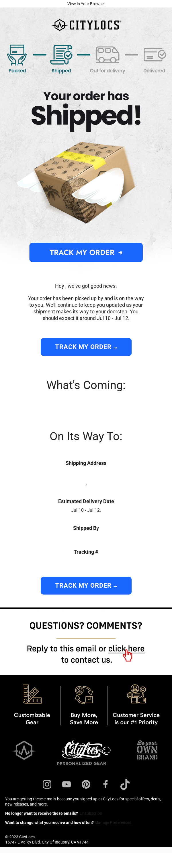 CityLocs Shipment Created Industry Email Template screenshot