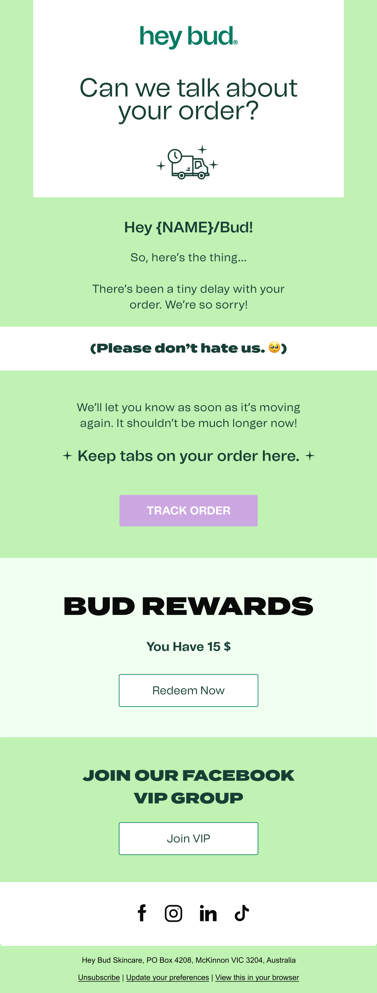 Hey Bud Delayed Shipment Notification Cosmetics and Beauty Email Template 