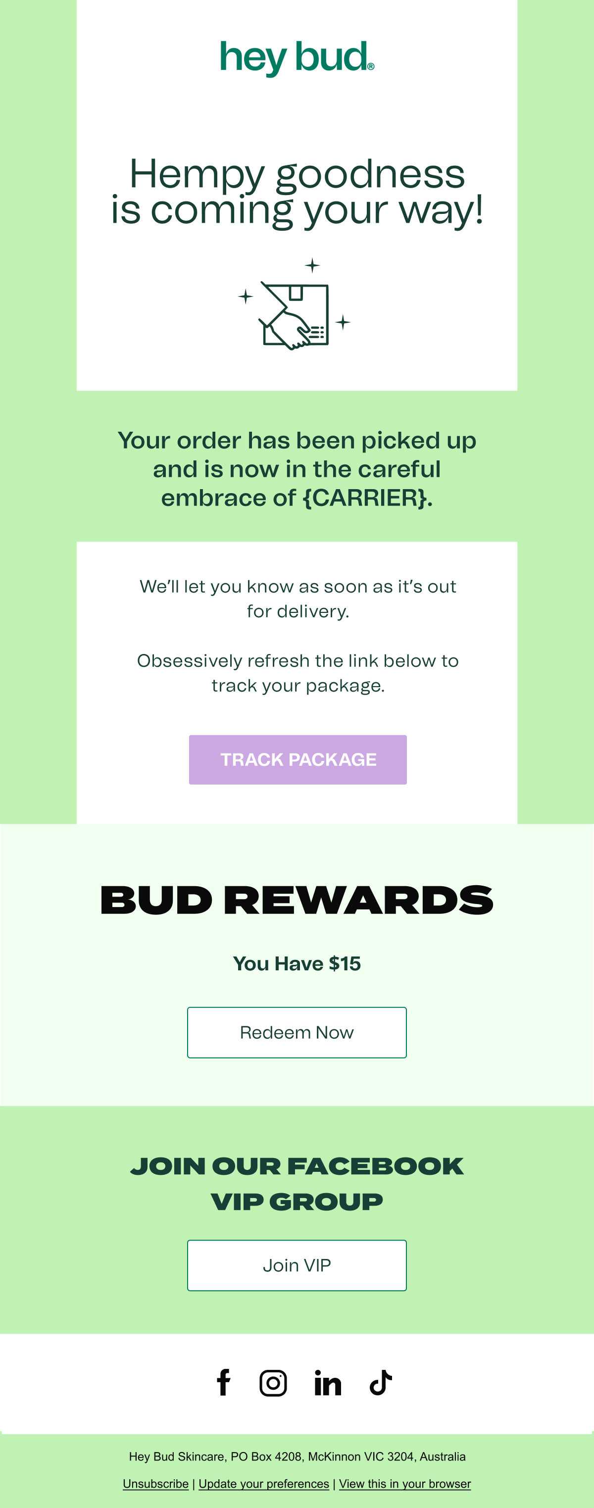 Hey Bud Shipment Picked Up Cosmetics and Beauty Email Template 