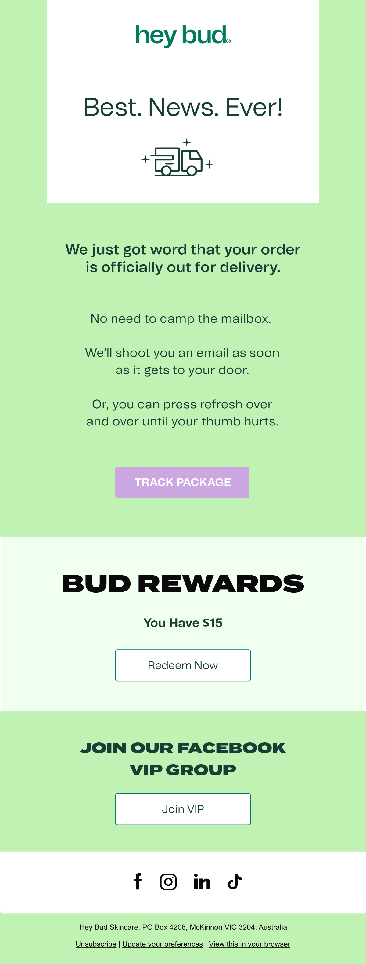 Hey Bud Out for Delivery Notification Industry Email Template screenshot