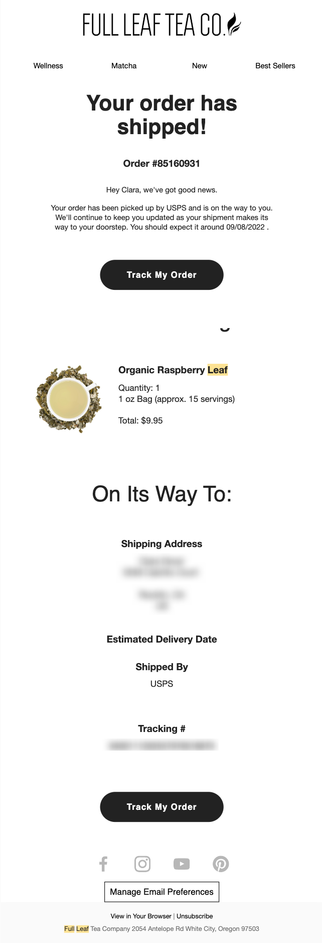 Full Leaf Tea Co. Shipment Created Industry Email Template screenshot