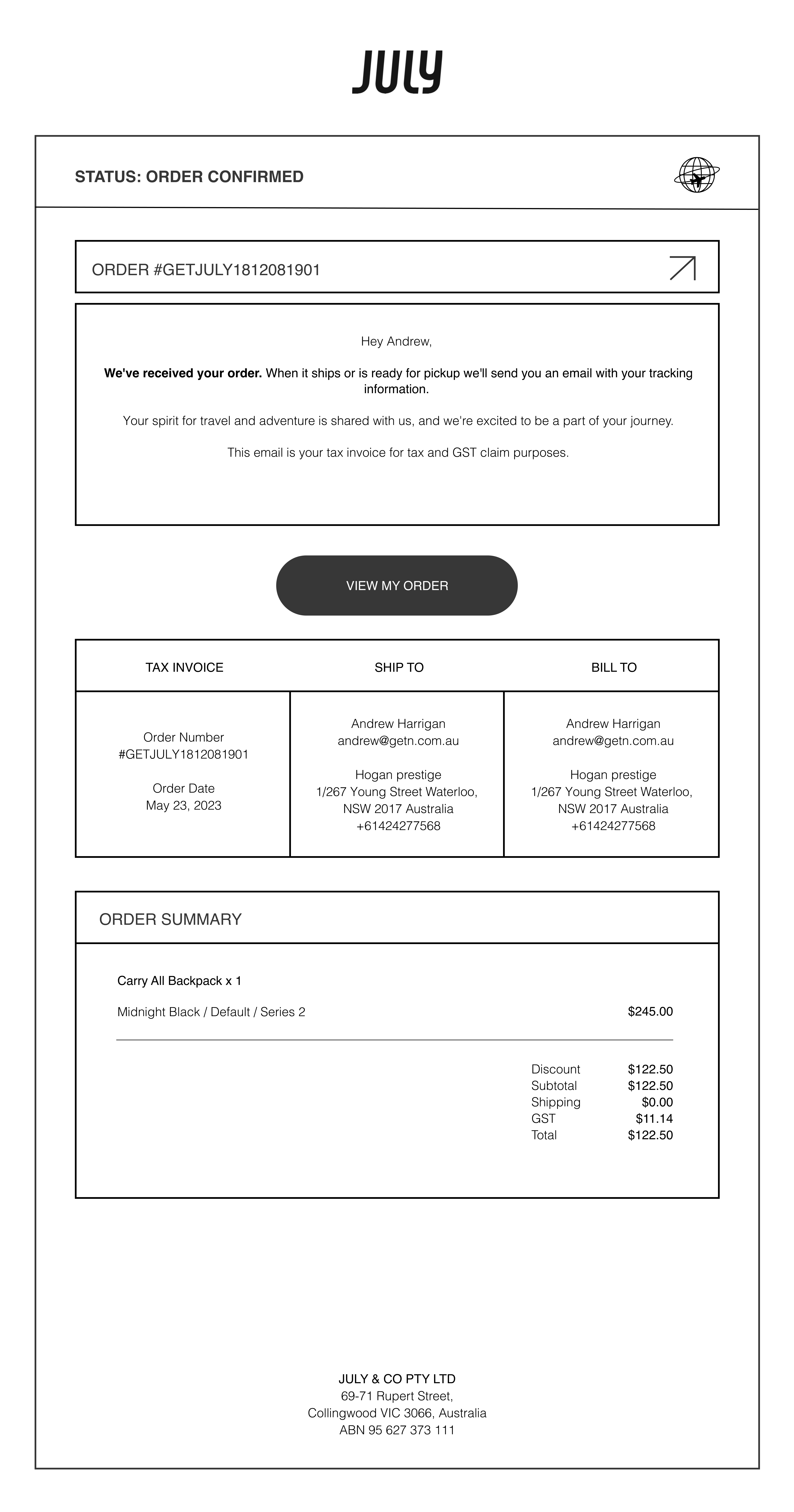 July Order Confirmation Industry Email Template screenshot