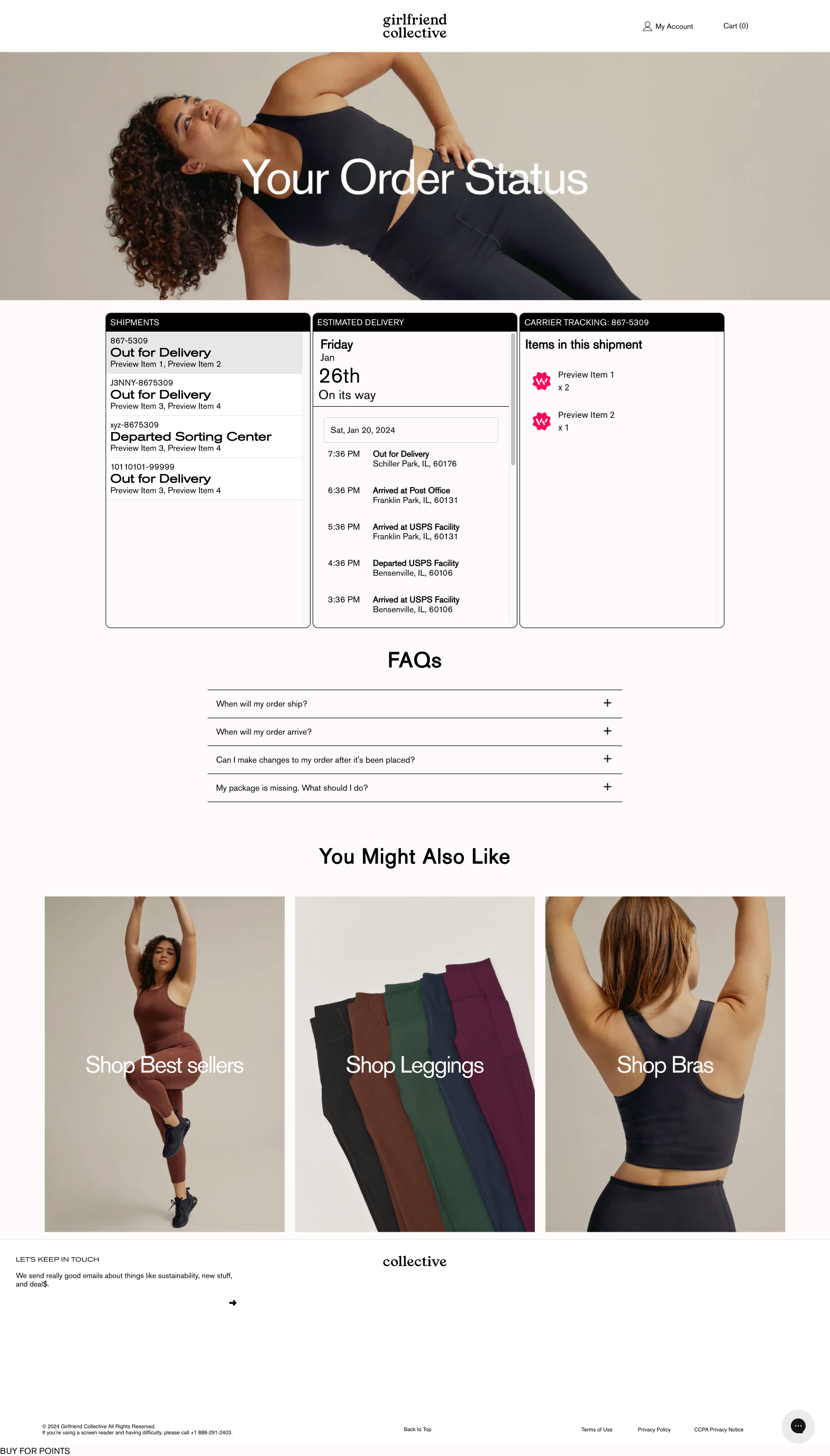 Girlfriend Collective Three-Column Apparel and Accessories Tracking Page 