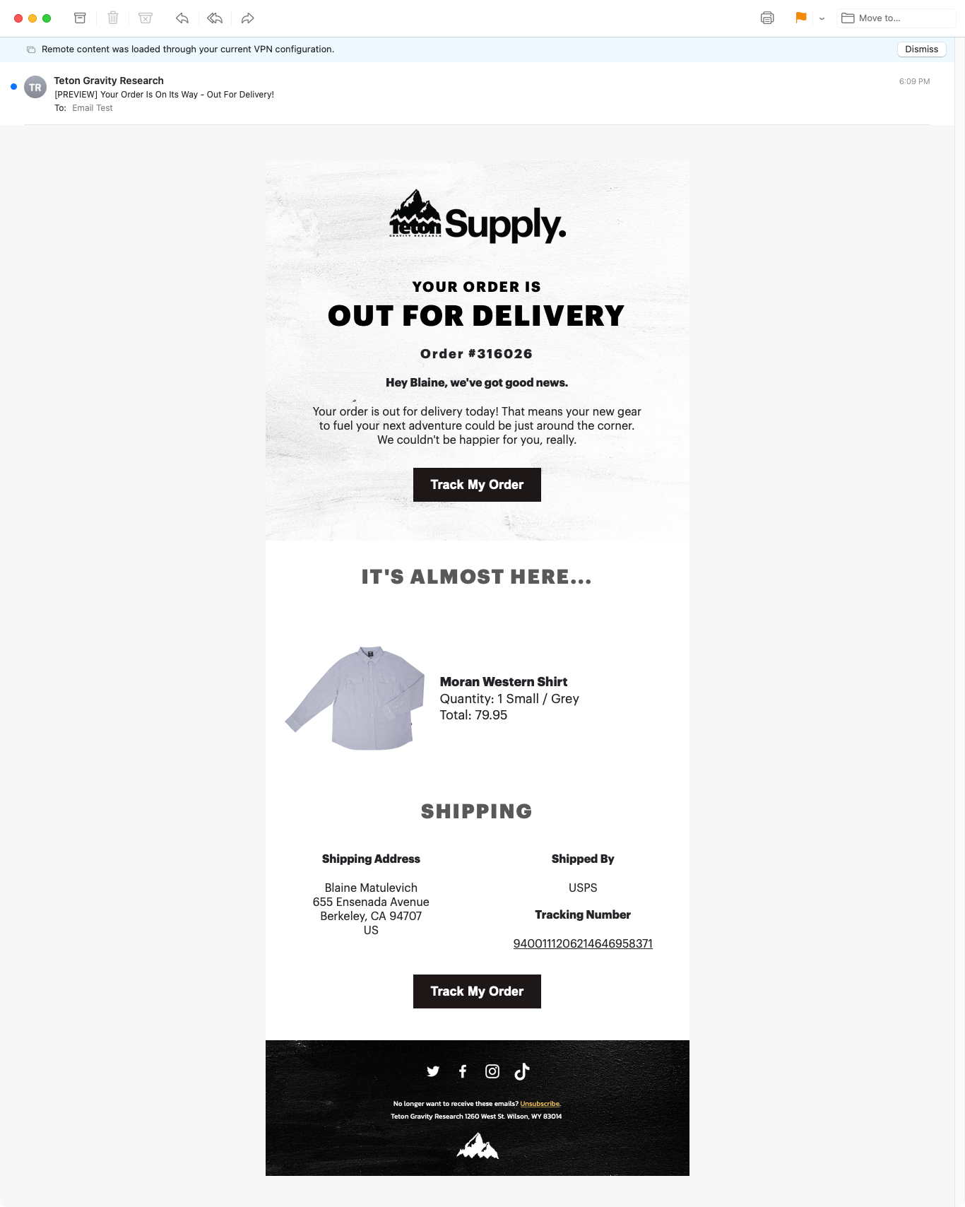 Teton Gravity Research Out for Delivery Notification Apparel and Accessories Email Template 
