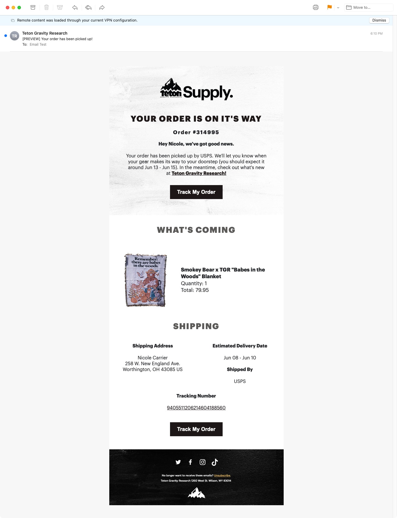 Teton Gravity Research Shipment Created Industry Email Template screenshot