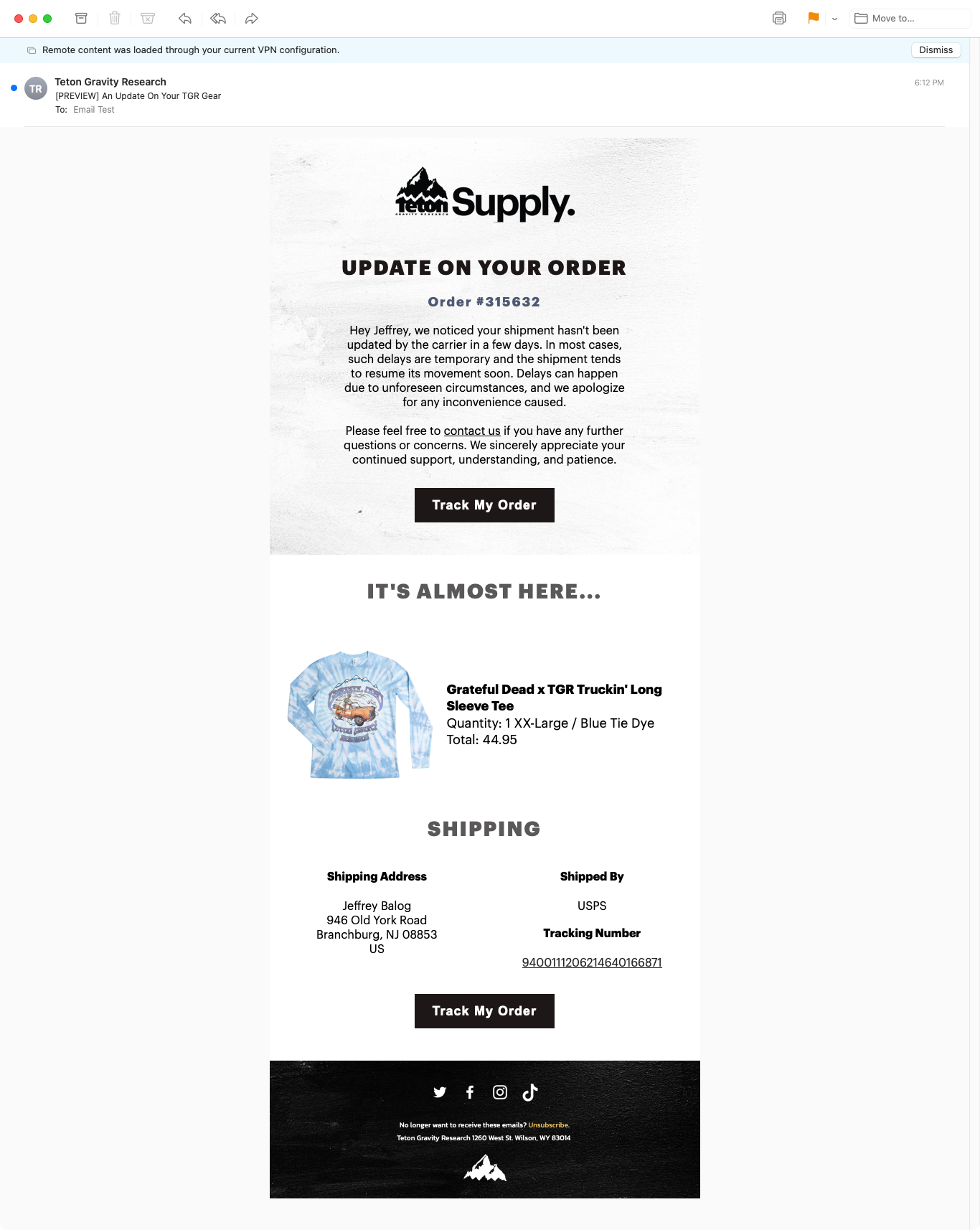 Teton Gravity Research Delayed Shipment Notification Industry Email Template screenshot