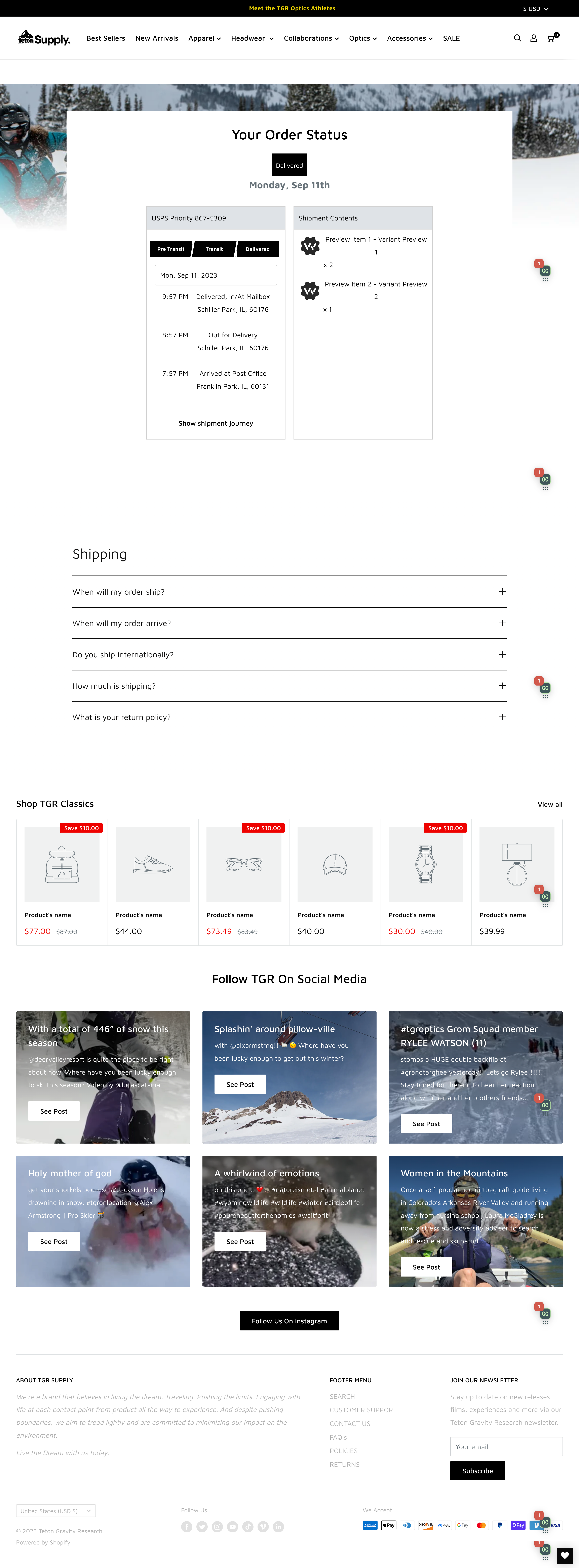 Teton Gravity Research Two-Column Industry Tracking Page screenshot