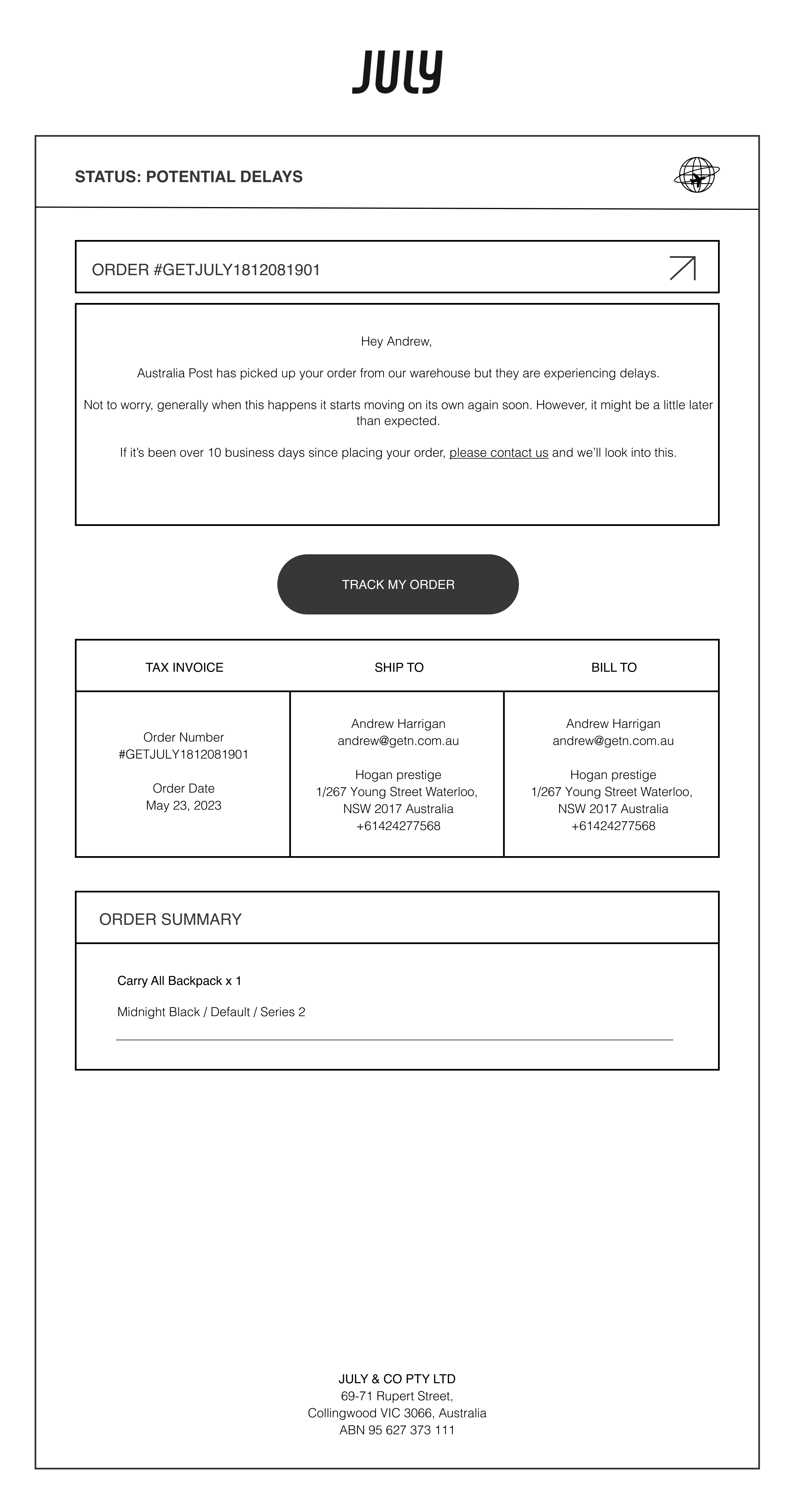 July Delayed Shipment Notification Industry Email Template screenshot