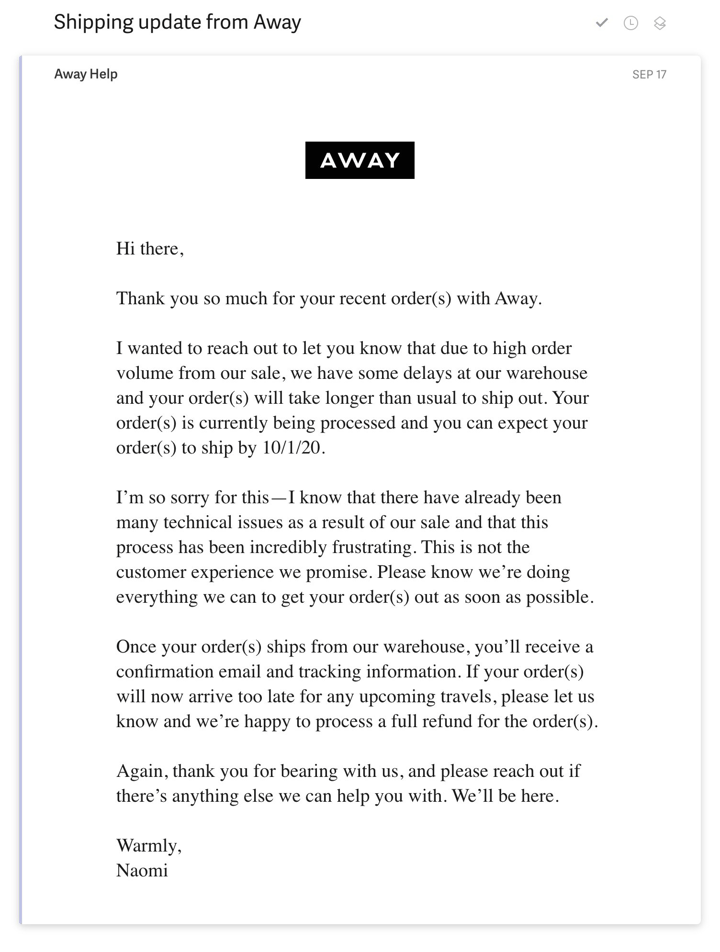 Away Shipping Delay Email