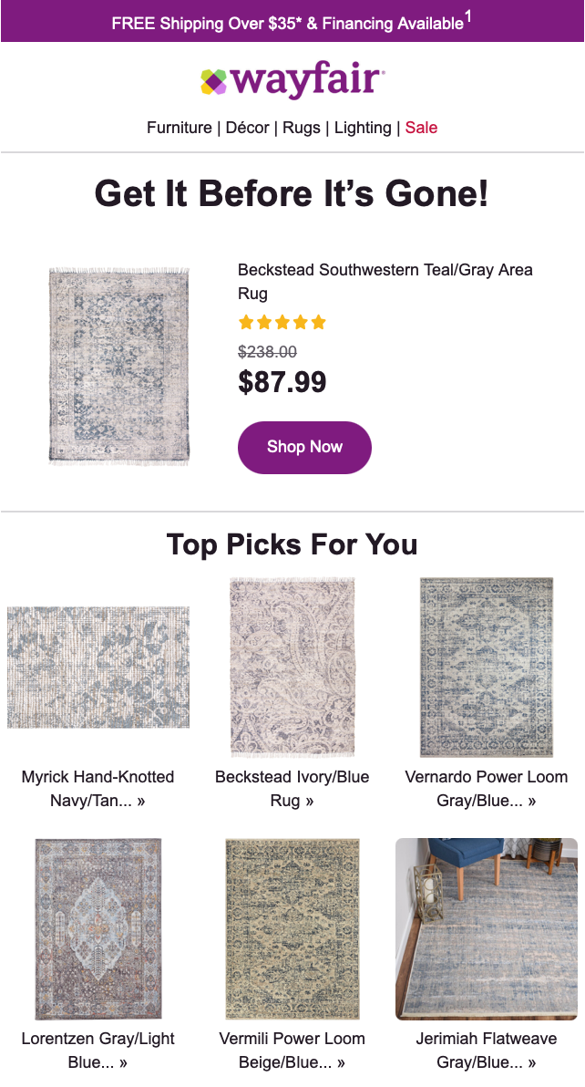 wayfair abandoned cart recovery email