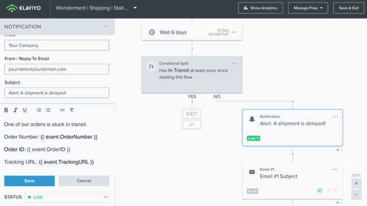 klaviyo stalled shipment notification