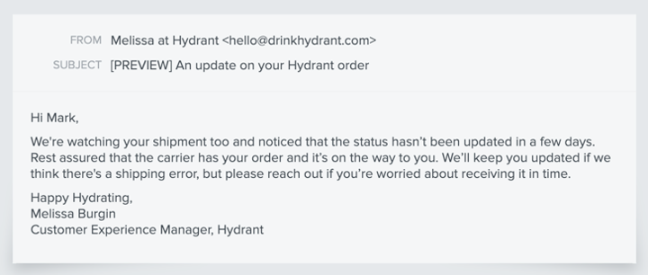 Hydrant stalled shipment email klaviyo