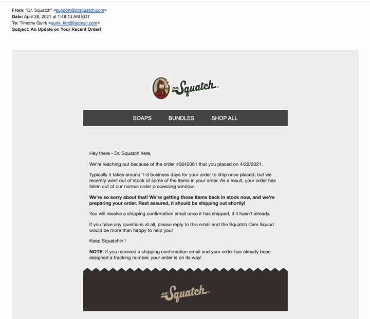 ecommcerce out of stock email example