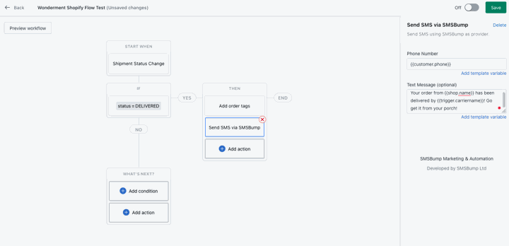 shopify flow smsbump wonderment integration