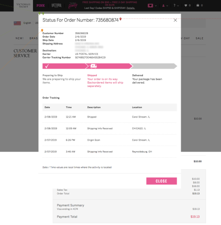 victoria's secret order tracking page