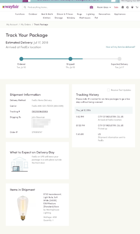 wayfair order shipping page