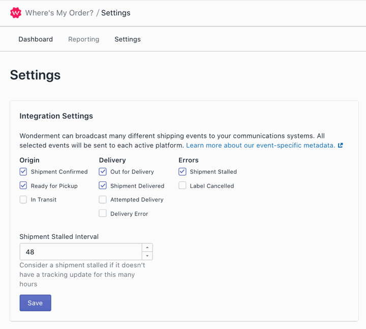 order tracking settings