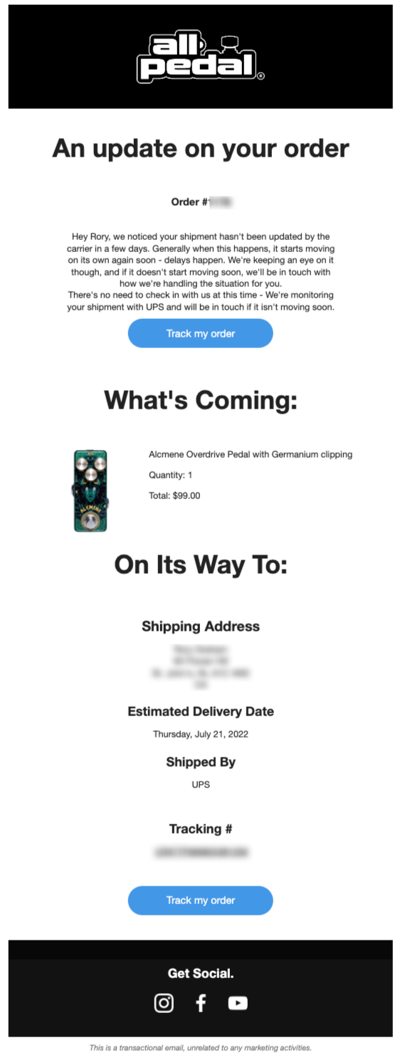 All-Pedal Delayed Shipment Notification Industry Email Template screenshot