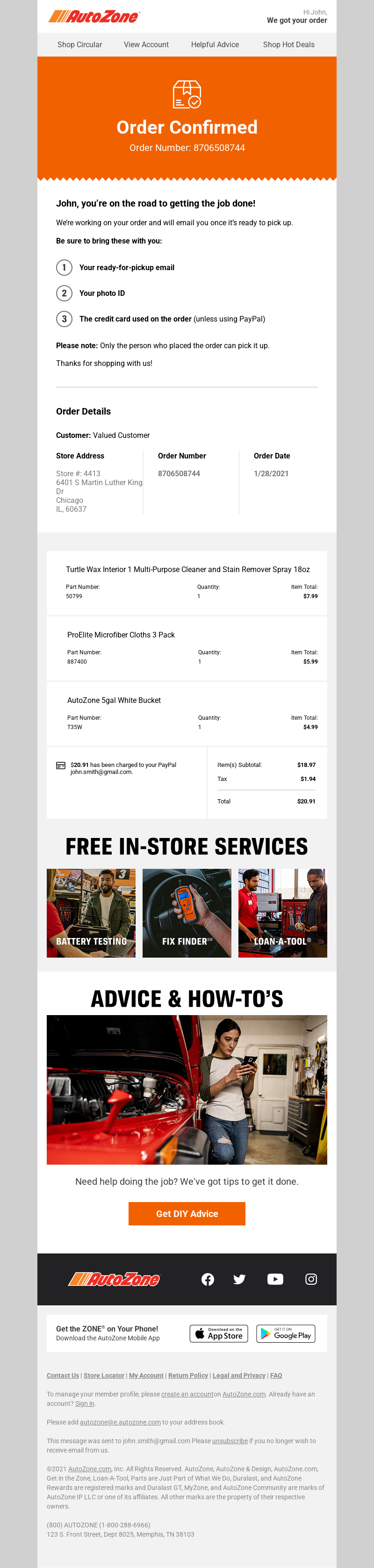 AutoZone Order Confirmation Email Template screenshot