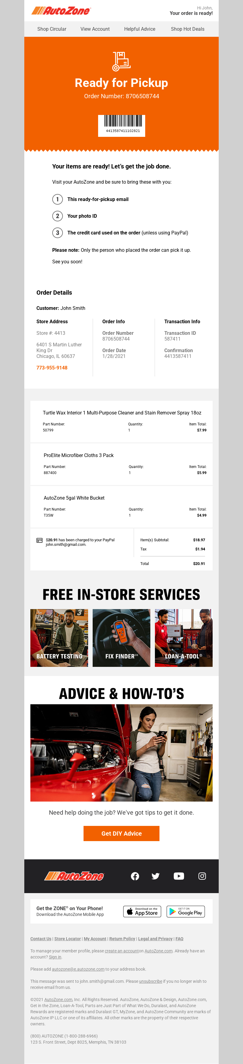 AutoZone Shipment Created Durable Goods Email Template 