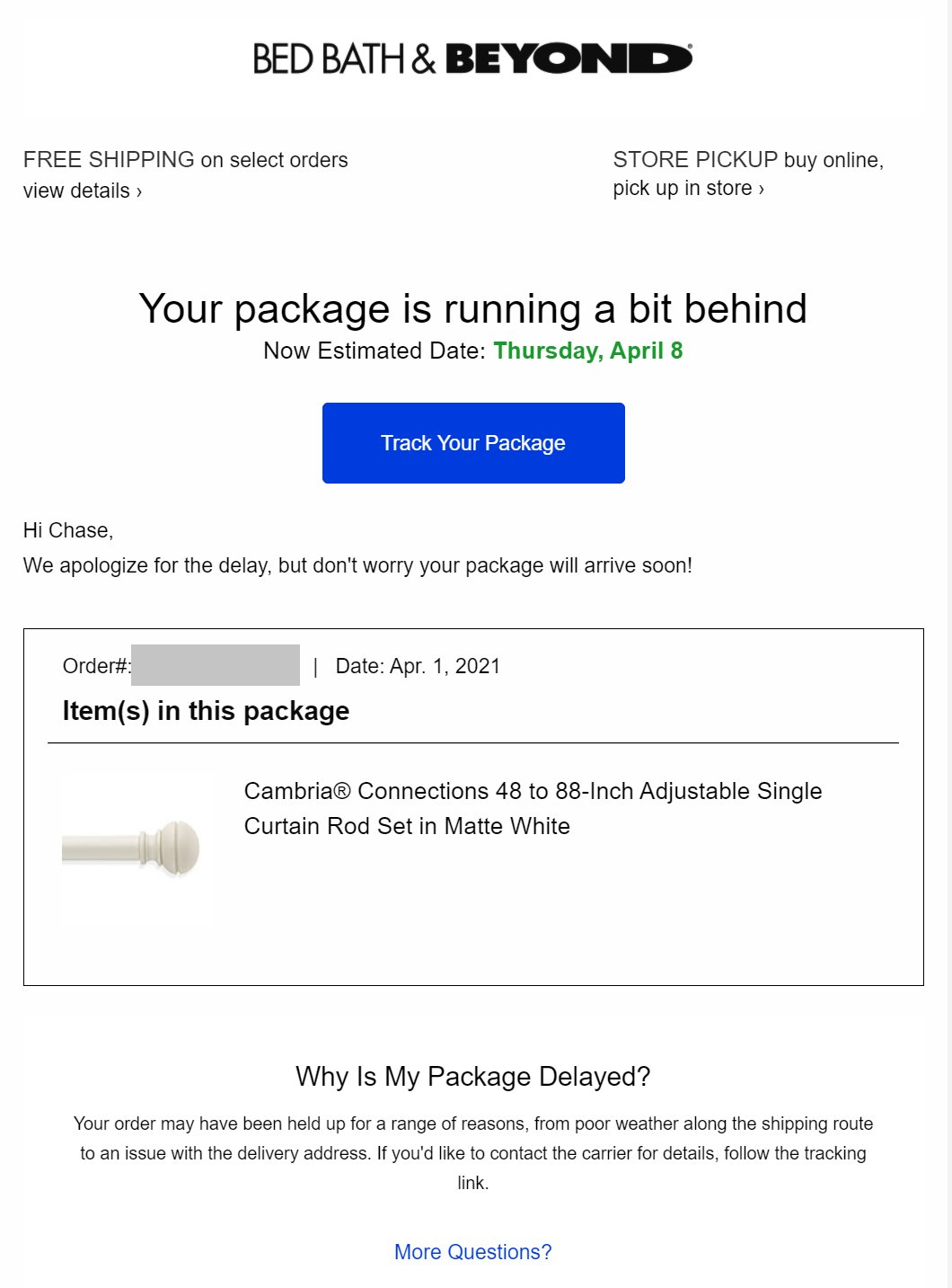 Bed Bath & Beyond Delayed Shipment Notification Durable Goods Email Template 