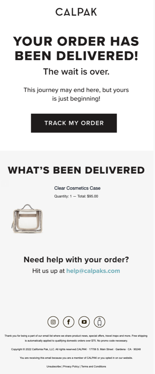 Calpak Delivered Notification Industry Email Template screenshot