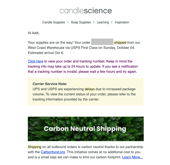 CandleScience Shipment Created Industry Email Template screenshot