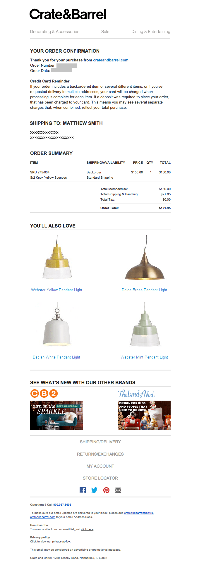 Crate & Barrel Order Confirmation Industry Email Template screenshot