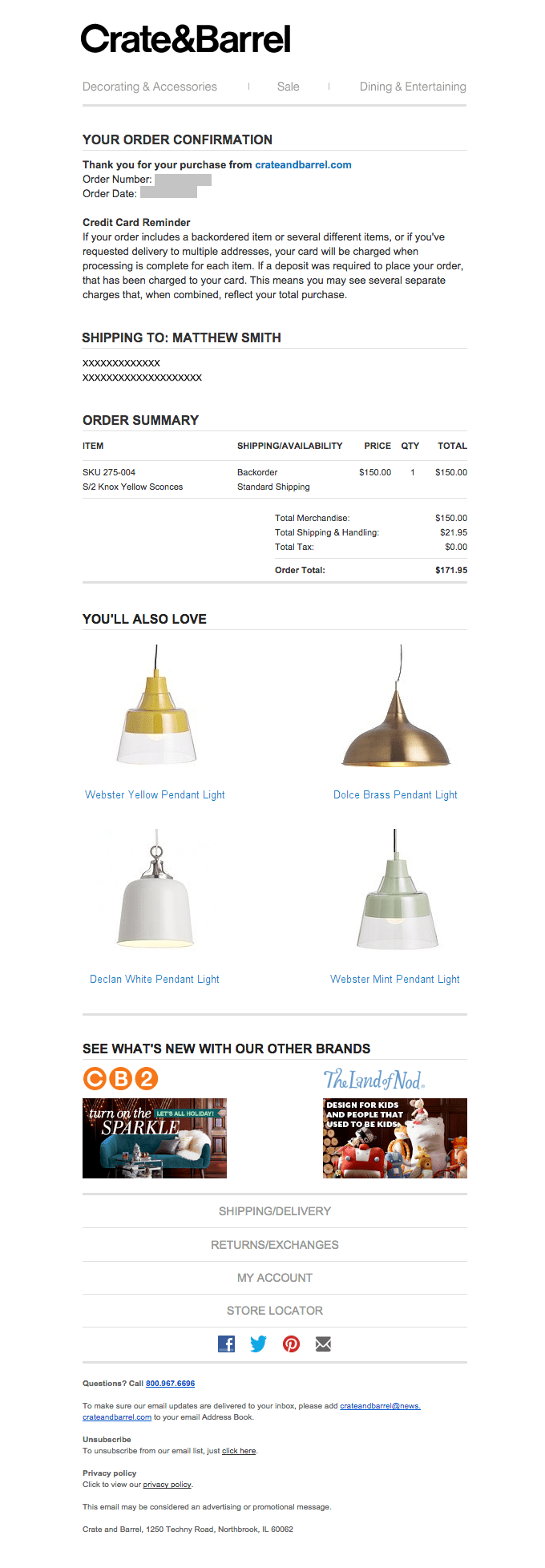 Crate & Barrel Order Confirmation Durable Goods Email Template 
