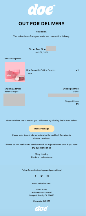 Doe Lashes Out for Delivery Notification Cosmetics and Beauty Email Template 