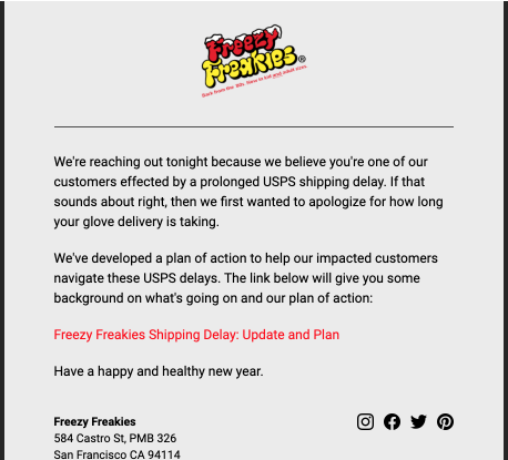 Freezy Freakies Delayed Shipment Notification Food and Beverage Email Template 