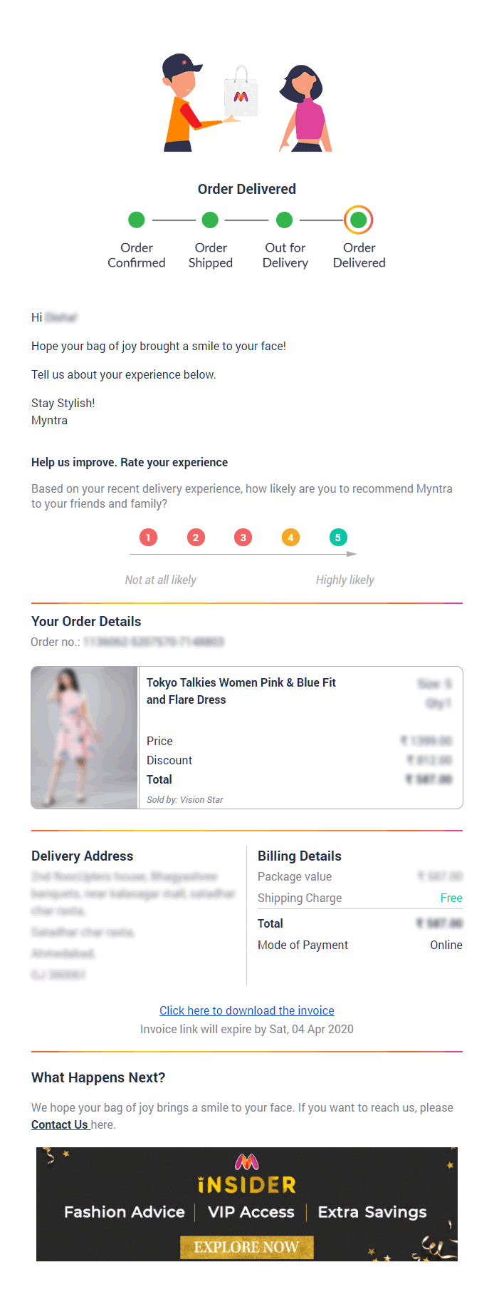 Myntra Delivered Notification Apparel and Accessories Email Template 