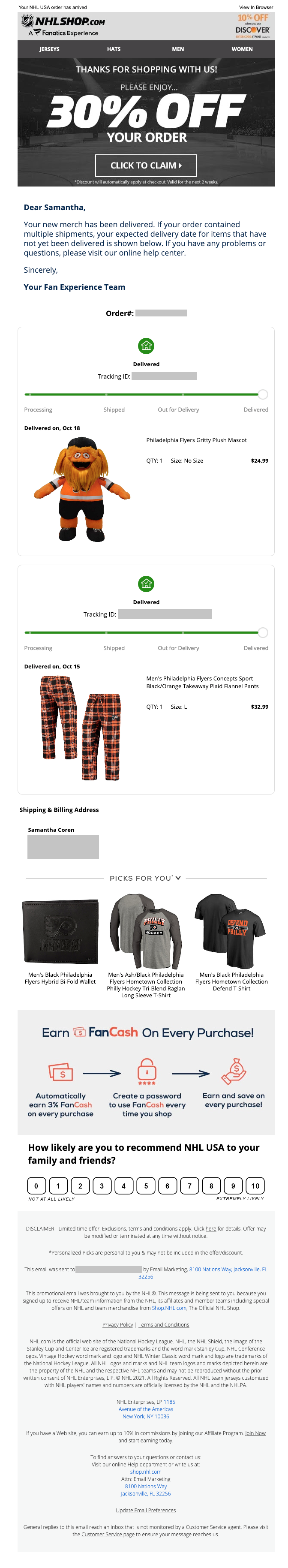 NHL Delivered Notification Apparel and Accessories Email Template 