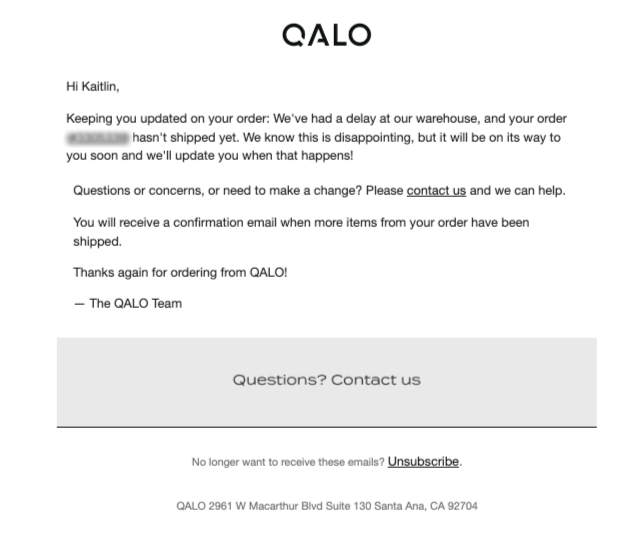 Qalo Delayed Shipment Notification Industry Email Template screenshot