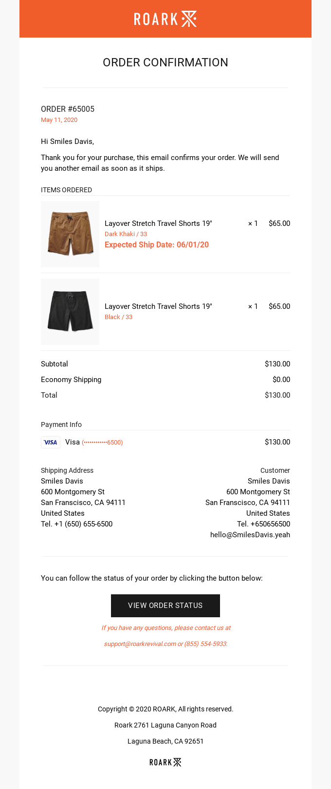 Roark Order Confirmation Email Template