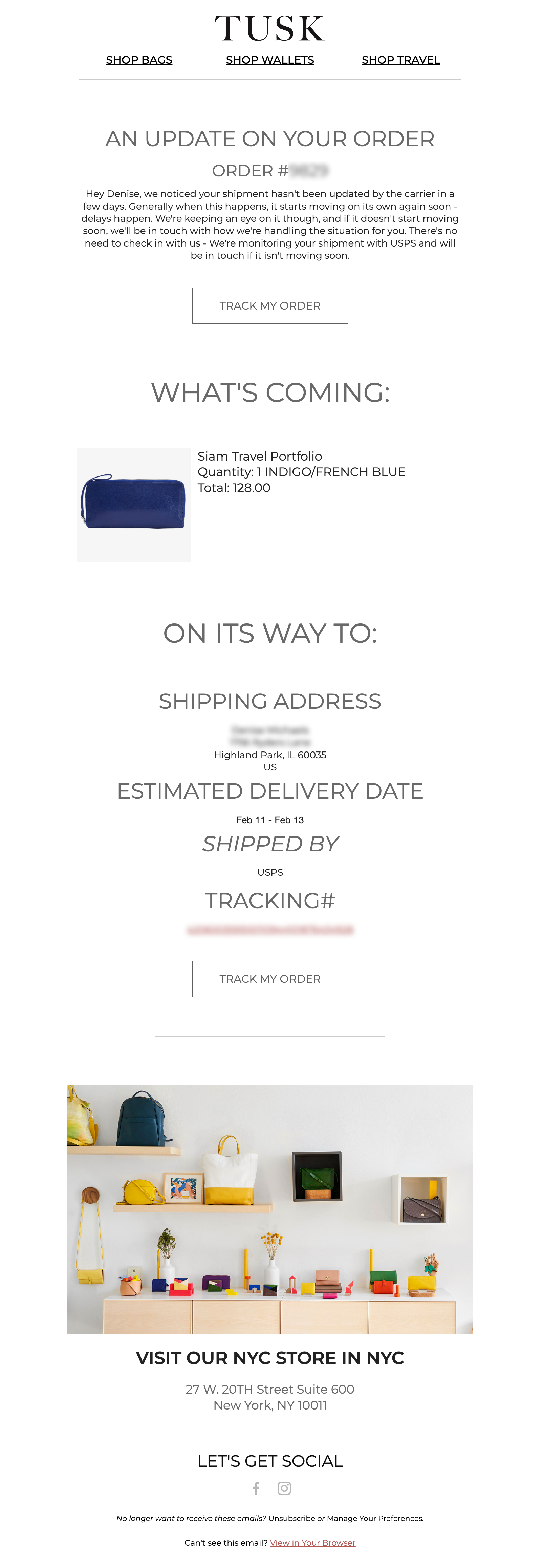 Tusk Delayed Shipment Notification Apparel and Accessories Email Template 