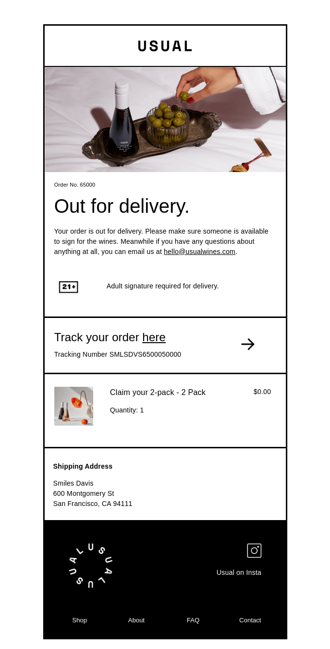 Usual Wines Out for Delivery Notification Email Template