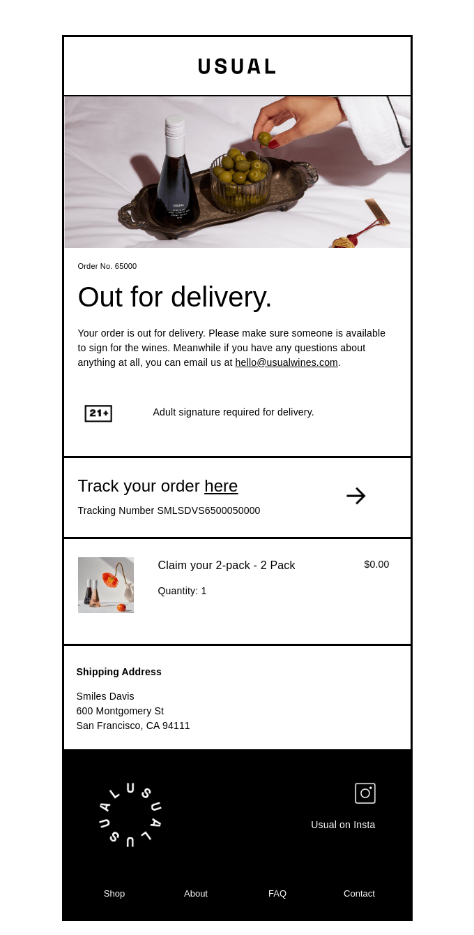 Usual Wines Out for Delivery Notification Industry Email Template screenshot